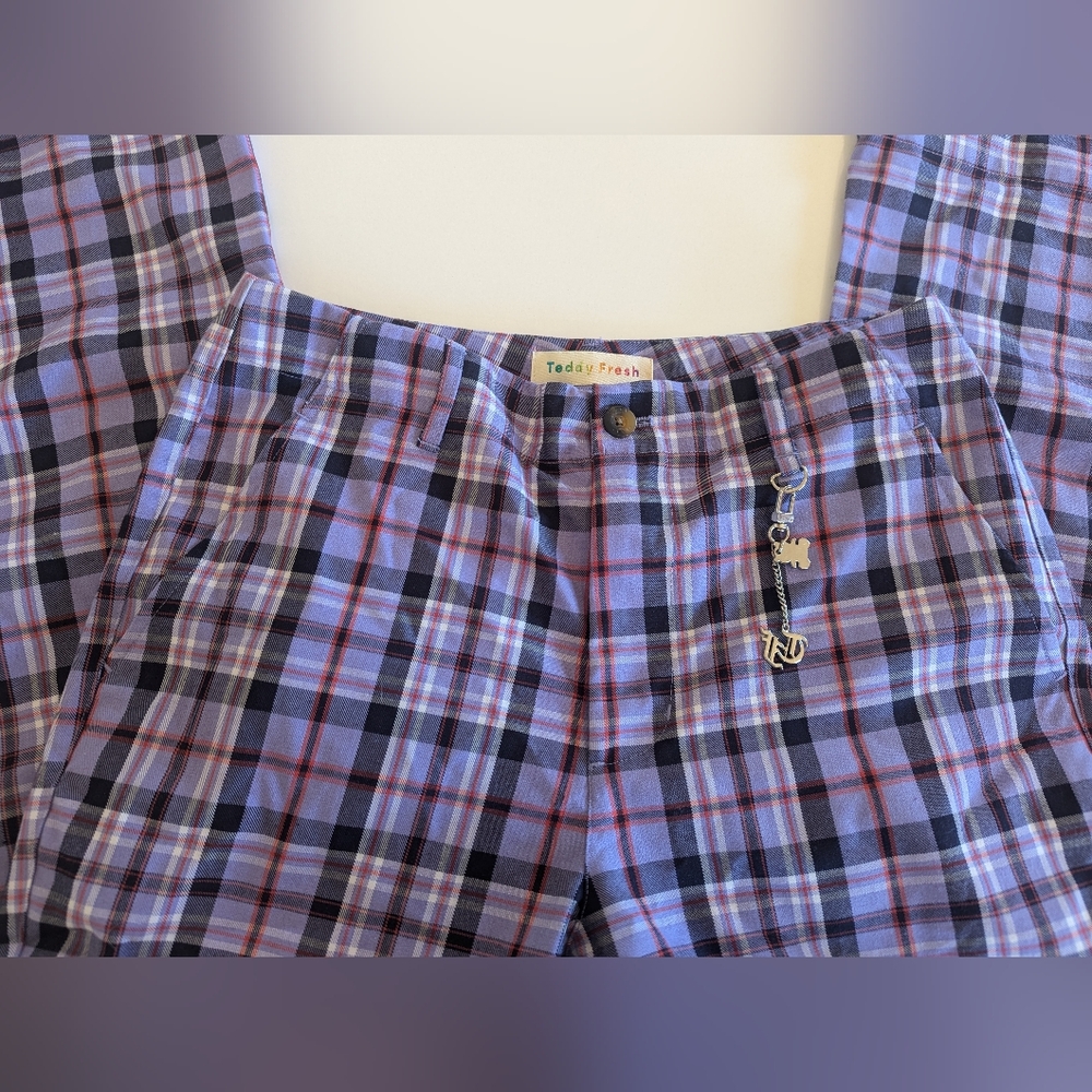 TEDDY FRESH Women’s Straight Leg Check Plaid Pants High Rise Zip Fly wide sz 29